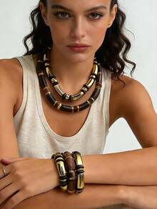 1pc Fashion Unique Layered CCB Bamboo Knot Necklace & Bracelet Set, Minimalist Style Suitable For Daily Wear