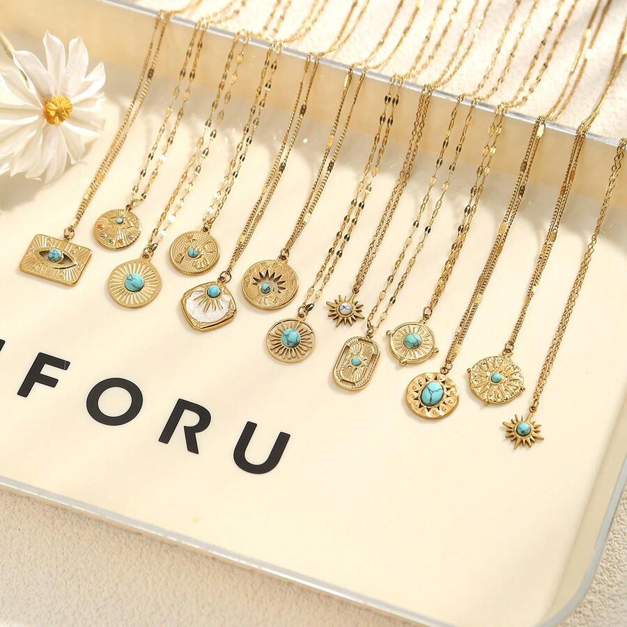 一件独特设计的304不锈钢绿松石吊坠项链，专为女性打造，时尚个性，百搭风格。 - 金色 - 查看 1