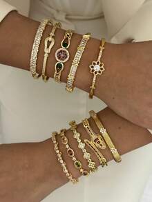 14K Gold Plated Rhinestone Embellished Minimalist Luxurious Bracelet & Bangle Set - Gold - View 2