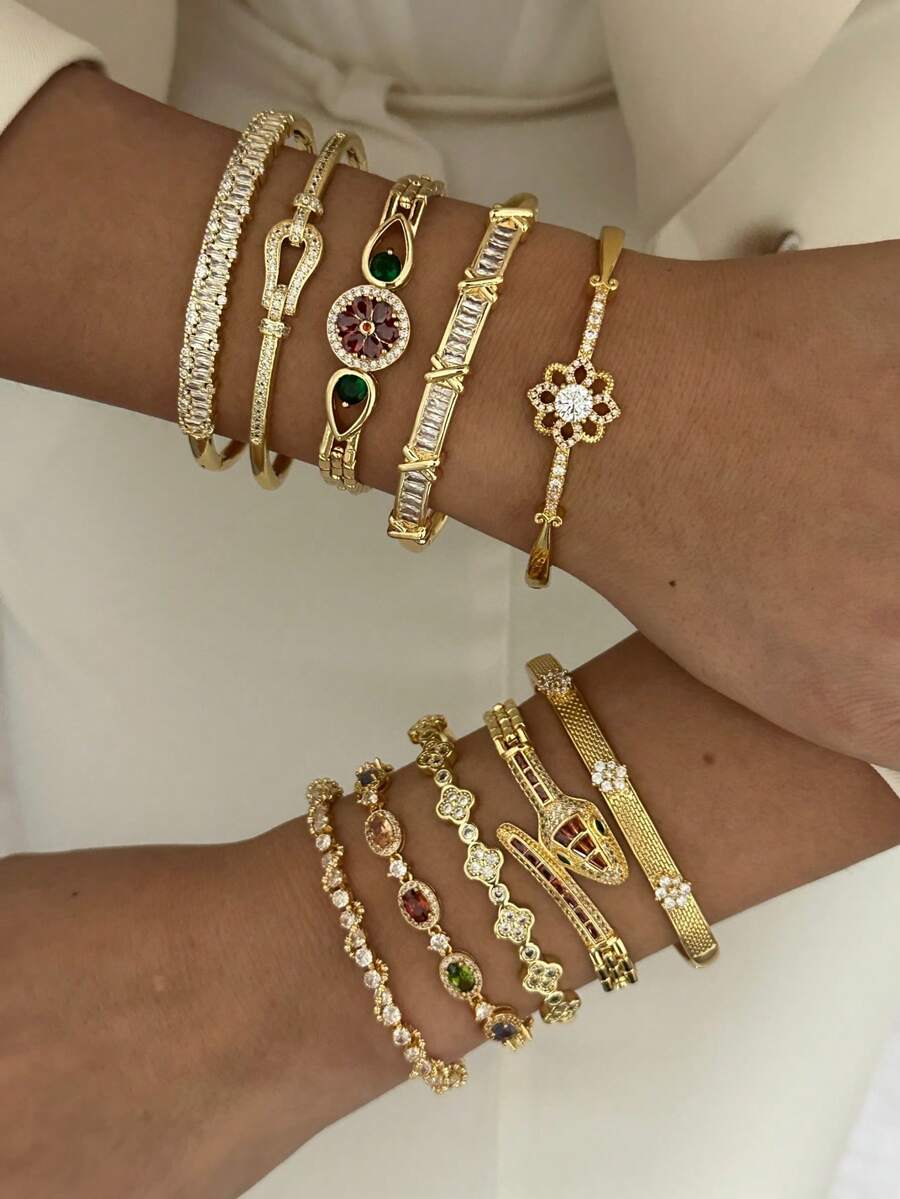 14K Gold Plated Rhinestone Embellished Minimalist Luxurious Bracelet & Bangle Set