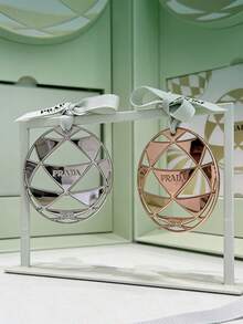 Prada Gold & Silver Hollow Circle Pendant Letter Ribbon Bag Charm, Fashion Commuter Bag Accessory, Exquisite Keychain, Elegant Gift Box Set - Silver - View 4