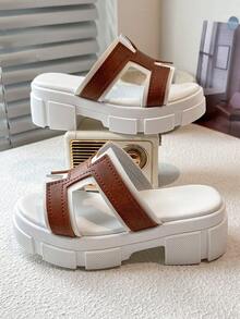 Genuine Leather H-Strap Platform Slides​ - Two-Tone Brown & White - Brown - View 7