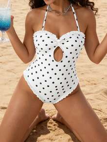 Women's Halter Neck Monokini Swimsuits Fashionable Dot Print Sleeveless Ruffle Bathing Suit - 白色 - 查看 5