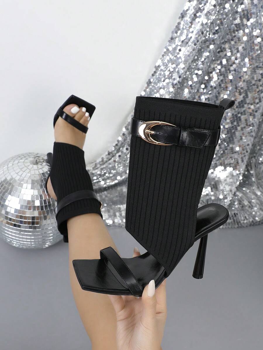 Fashionable Square Toe Glamorous Strap Party Occasion Women's High Heel Sandals - Black - View 1