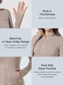 Women Slim Fit Sports BBL Jacket With Thumb Hole Stand Collar Zip Up - Taupetastic/Gold - 查看 2