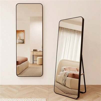 Full-Length Mirror Measuring 45 X 155 Cm In Black, With Rounded Edges, Shatterproof Float Glass, Stable Metal Stand, Plastic Frame, Can Be Placed On The Floor Or Mounted On The Wall, Lightweight And Comes In Modern Packaging.