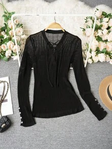 Sexy V-Neck Sheer Knit Long Sleeve Base Layer Top For Women, Tight Fit, Spring/Summer - Black - View 9