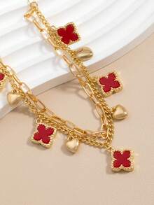 1pc Flower & Double-Layer Heart Pendant Anklet, Fashion Beach Style, Summer Holiday Gift For Women - Red - View 3