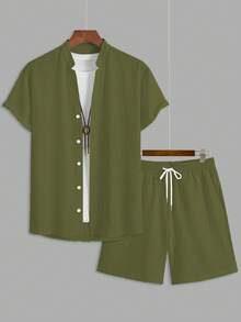 2pcs Men's Summer Fashion Minimalist Textured Shirt And Shorts Set - Army Green - View 2