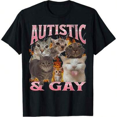 Cotton Men's T-Shirts, Autistic And Gay Funny Cat Meme Bootleg Graphic T-Shirt2 Funny T Shirt   Graphic Tee Mens Tshirts  Spring And Summer Vacation Stylish Tops, Men' S&Llomen's Favorite Graphic Tees