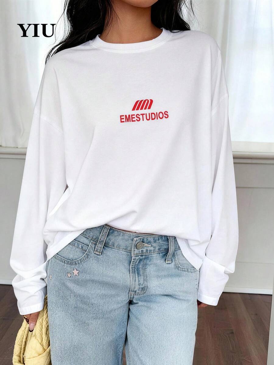 YIU 女士休闲弹力圆领长袖T恤，春季新款，适合日常穿着 - 白色 - 查看 1