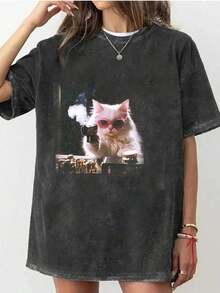 1pcsCute Cat Funny Graphic Graphic T-ShirtMen's Cotton T-Shirt, 230G Washed Short-Sleeve T-Shirt, Suitable For Halloween, Christmas And Spring Festival Gifts180g - 黑色 - 查看 2