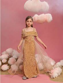 ALISA&LEO Tween Girl Glamorous Shining Off-Shoulder A-Line Dress Multi-Layered Tulle Sequin Splicing Graduation Prom Gown Special Occasion - Champagne - View 5