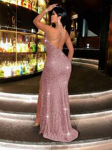 CHOSMO Metallic Chain Strap Backless High Waist Slit Dress, Elegant Formal Gown For Women, Suitable For Gala, Wedding, Cocktail Party Spring - Dusty Pink - View 11