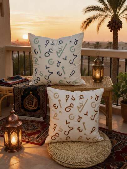 1pc/2pcs Set Arabic Text Eid Mubarak Blessing Pillow Cover, Middle Eastern Holiday Decor Bohemian Embroidered Cushion Cover, Suitable For Living Room, Bedroom, Sofa, Eid Al-Fitr/Casual Occasions, All Seasons, Without Insert, 45*45cm