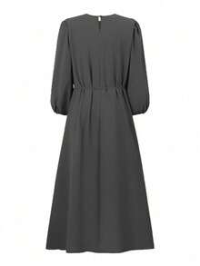 Plus Size Arabic Style Long Sleeve Round Neck Woven Loose Dress Spring - Dark Grey - View 5