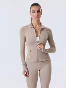 Women Slim Fit Sports BBL Jacket With Thumb Hole Stand Collar Zip Up - Taupetastic/Gold - 查看 3