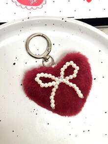 1件情人节礼物 多巴胺毛绒钥匙扣，珍珠蝴蝶结包饰，可爱心形绒球吊坠，时尚配饰