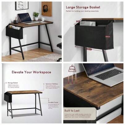 Brooklyn 112cm Small Computer Desk With Storage Home Office Writing Table Modern Industrial Style Workstation Dark Wood