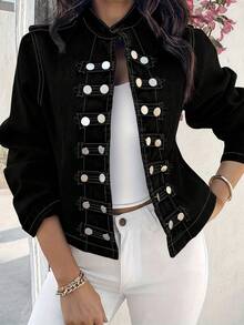 Women's Plus Size Washed Black Short Sleeved Stand Up Denim Jacket, Double Row Metal Buttons, Slim Fit, Versatile Retro Casual Style. Women's Plus Size Denim Jacket. - màu đen - Xem 6