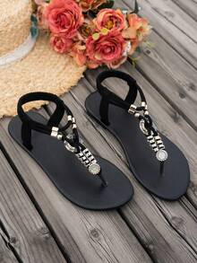 Giày sandal đế bằng phong cách Bohemian dành cho nữ, kiểu dáng giản dị, đa năng, phù hợp cho đám cưới, tiệc tùng, hoạt động ngoài trời và đi biển. - màu đen - Xem 6