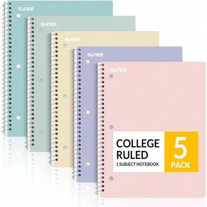 Stock Up For Back To School Season! 5 Pack Vibrant Color Notebooks For Organization, College Ruled & 3-Hole Punched For Binders, 70 Sheets Each