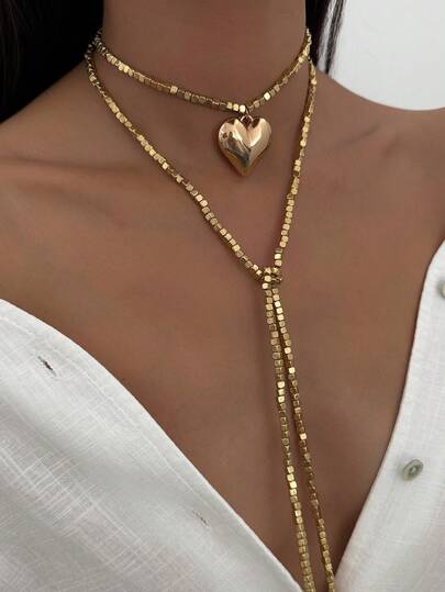 1 st lyxigt geometriskt fyrkantigt CCB pärlhalsband med långt Y-format tofs-hjärta och vattendroppehänge, vintagechic för bröllop, fest, semester, casual, gatustil, present till kvinnor, par, högtid, födelsedag