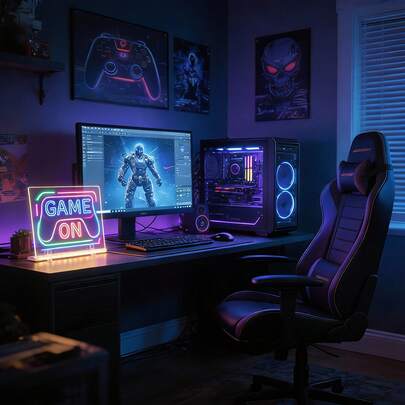 Customizable LED Gaming Light Board -12 Accessories/Set, Equipped With A 7-Color Pen, USB Power Supply, And Stand, Used For PC Battle Station Decoration, Game Room, And Streaming Settings Professional Artistic Purposes(1 LED Light Board + 7 Colored Pencils + 2 Wiping Cloths + 2 )