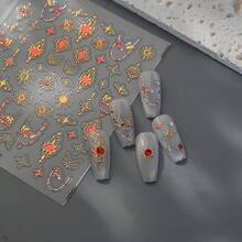Gold Nail Art Stickers Necklace 5D Embossed Nail Stickers Decals Gold Sun Nail Stickers For Nail Art With Star Moon Design Se--Adhesive Acrylic Nails Supplies For Women Manicure Decorations - 樣式16 - 查看 4