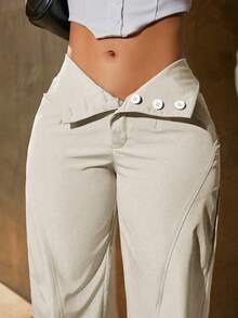 Pantalones cargo de cintura alta con detalles de botones de unicolor, estilo Y2K para festivales de música, primavera - Beis - Ver 3