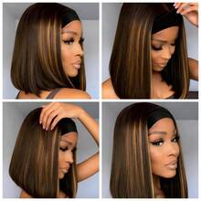 Short Bob Headband Wig Highlight Brown Straight Hair Put On And Go Half Wig With Headbands For Women Bob Mixed Brown Headband Wigs - Highlight Brown Bob Straight Wig - View 4
