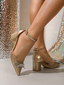 Spring New Fashion Women's Pointed Toe Valentine's Day High Heel Shoes, Hollow Out Chunky Heel Gold Bow Casual Comfortable Shoes - Gold - View 3