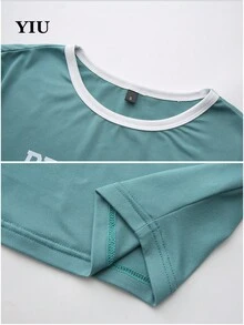 Cropped de Tricô Verde Feminino com Estampa Brooklyn 80, Camiseta de Manga Curta com Gola Redonda e Recorte Contrastante Branco, Casual para o Verão - Verde - Visão 6