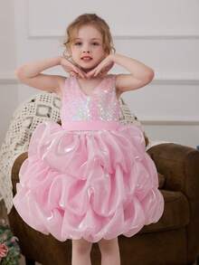 Young Girl Pink Sequin Black Mesh Valentine's Day Party Dress, Elegant Princess Dress Suitable For Girls Birthday Party, Flower Girl Wedding, Prom, Easter, Graduation - Pink - View 6