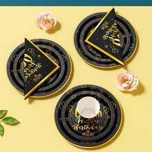 60th Birthday Black & Gold Disposable Plates, Napkins, Cups, 25 Guests Party Supplies Set, Suitable For Birthday, Wedding, Theme Party, Family Picnic - Multicolor - View 5