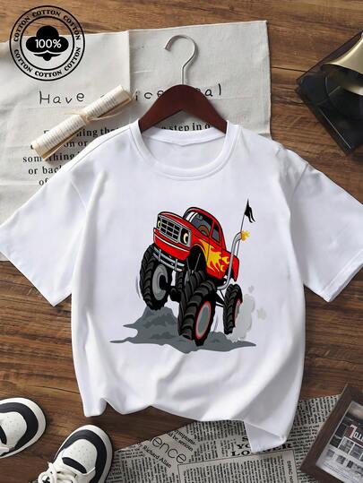 2026 Summer Cartoon Monster Truck Graphic Tee Women Men Casual Loose Fit Short Sleeve Crew Neck T - Shirt Streetwear Fashion Cotton Blend Comfortable Top With Cool Car Print  Plus Size Available