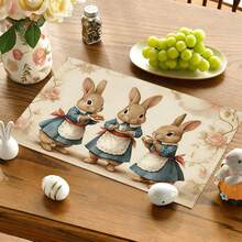 2/4/6/8pcs Rectangular Vintage Easter Happy Placemats, Vintage Easter Dining Table Decor With 3pcs Brown Rabbit Apron Floral Pattern, Seasonal Holiday Placemats For Kitchen Dining Room