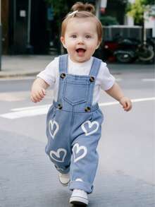 Baby Girls' Heart Print Casual Versatile Denim Bib Pants - Medium Wash - View 3