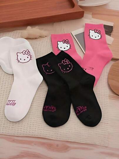 Sanrio 3 Pairs Of Cute Hello Kitty Mid-Calf Socks - Soft, Breathable And Comfortable Japanese Women's Long Socks Printed With Cute Cartoon Character Patterns. Soft And Breathable Mid-Leg Socks, Breathable And Comfortable, Machine Washable - Multi-Functional, Suitable For All Seasons, Fashionable Socks, Perfect For Outdoor Sports Shoes, Ideal Accessory For Outdoor Travel, And Also A Christmas Gift For Friends And Couples.