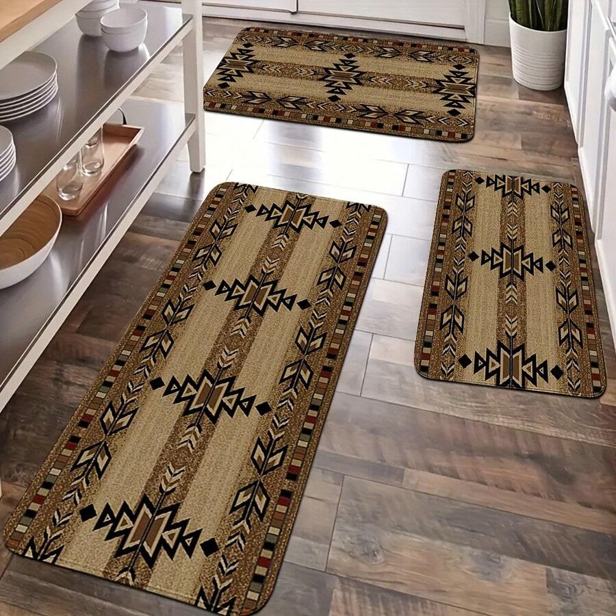 1 Piece Of Bohemian Geometric Pattern Kitchen Item - Made Of Soft, Absorbent, And Non-Slip Flannel Material, Featuring A Vibrant Design In Beige, Brown, And Black. It Is Washable And Serves As A Rectangular Kitchen And Dining Room Decoration, Perfect For Bohemian-Style Kitchen Floors, Rural Farmhouse Decor, Farmhouse Kitchens, Haystacks, And Other Rural Home Decorations - Black - View 1