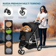 Pet Stroller with Brake Function, Storage Basket & Cup Holder, Dog Cat Rabbit Stroller for Small Pets (Black) - Negro - - Ver 2