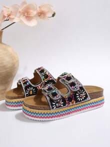 2025 Spring/Summer New Women's Sandals, Double Strap With Rhinestones, Fashionable Thick Sole Slippers, Random Floral Patterns, Essential For Vacation & Beach, Suitable For All-Day Wear - Black - View 8
