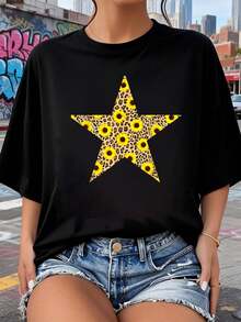 Camiseta Wild & Bright – Estampado de Leopardo en Forma de Estrella con Girasol 2026 nuevas camisetas impresas para mujeres, estilos populares, camisetas de primavera para mujeres, camisetas de invierno, camisetas de para mujeresás vendidas - Negro - Ver 1
