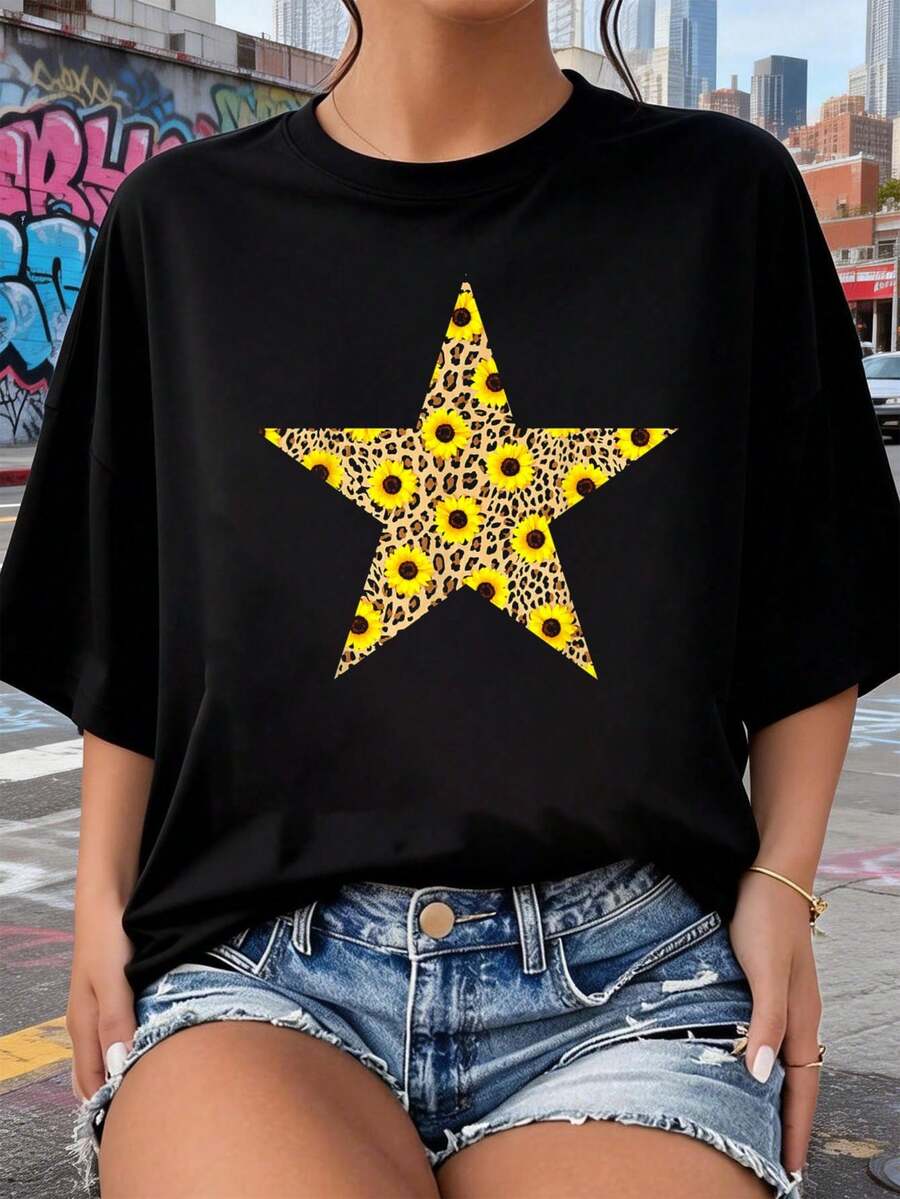Camiseta Wild & Bright – Estampado de Leopardo en Forma de Estrella con Girasol 2026 nuevas camisetas impresas para mujeres, estilos populares, camisetas de primavera para mujeres, camisetas de invierno, camisetas de para mujeresás vendidas - Negro - Ver 1
