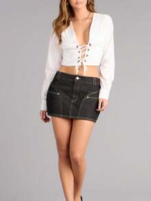 女士时尚白色V领蕾丝系带长袖短款上衣 - 白色 - 查看 3