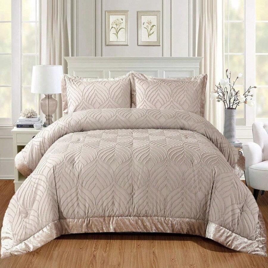 Luxury Quilted Velvet Bedspread Set With Pillow Shams – Soft Comforter Coverlet Bedding Set – King & Double Sizes - Mink - View 1
