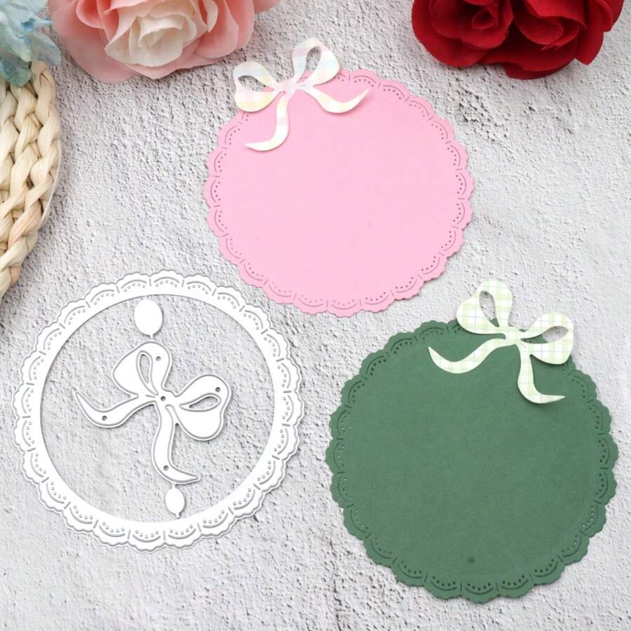 1个蕾丝边蝴蝶结切割模具，适用于剪贴簿、圆形创意卡片压花模具切割器，适合节日装饰剪贴簿纸艺、手工卡片制作DIY、优雅剪贴簿、婚礼、生日、情人节、复活节卡片等。 - 銀色 - 查看 1
