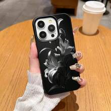 Flower 1pc TPU Material Dark Tone Silver Lily Pattern Phone Case Compatible With IPhone 17 Pro Max/17/16 Pro Max/15/13/12/11, S20 FE/A15/S24/A55, Compatible With Redmi Note 11/Note 12/Note 13 Pro, Full Coverage Anti-Drop Soft Protective Cover - Black - View 2