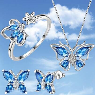 Conjunto de joyería de mariposa para mujer: Collar con colgante de cristal azul y morado + Aretes + Anillo (Plateado)