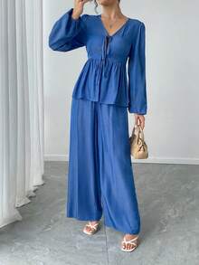 2pcs Women's Casual Elegant Commute Daily Solid V-Neck Tie Front Lantern Sleeve Top And Wide Leg Pants Set, Spring/Summer - Blue - View 2